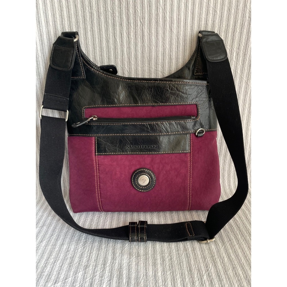 Mouflon Crossbody Bag Purple Nylon Black Faux Leather Trim Adjustable Strap